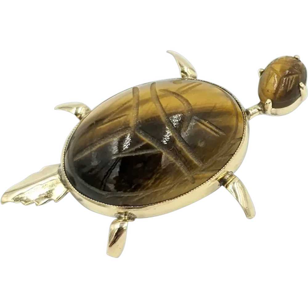 1960's Scarab Turtle Pin Tigers Eye Gemstone Mid … - image 1