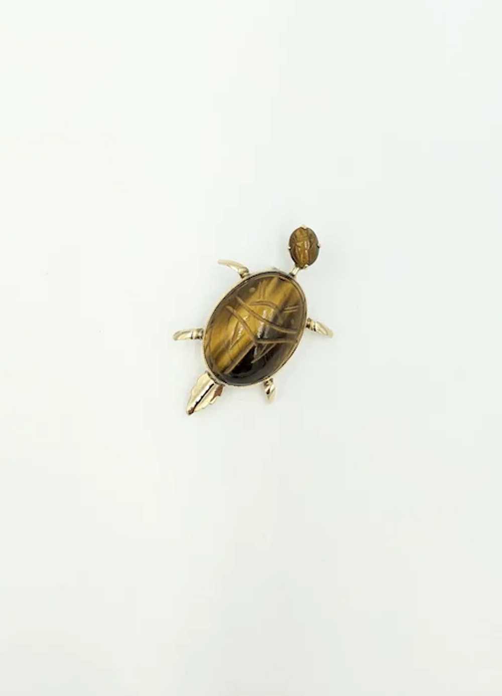 1960's Scarab Turtle Pin Tigers Eye Gemstone Mid … - image 2