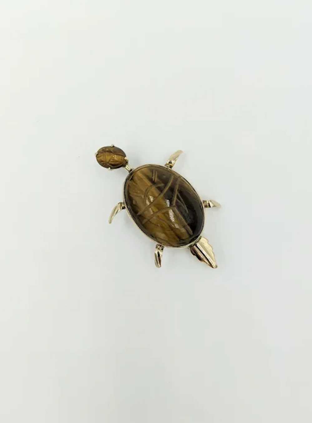 1960's Scarab Turtle Pin Tigers Eye Gemstone Mid … - image 4