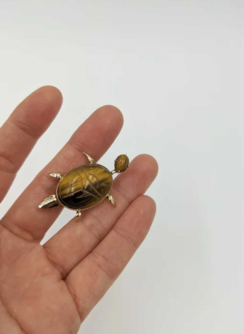 1960's Scarab Turtle Pin Tigers Eye Gemstone Mid … - image 6