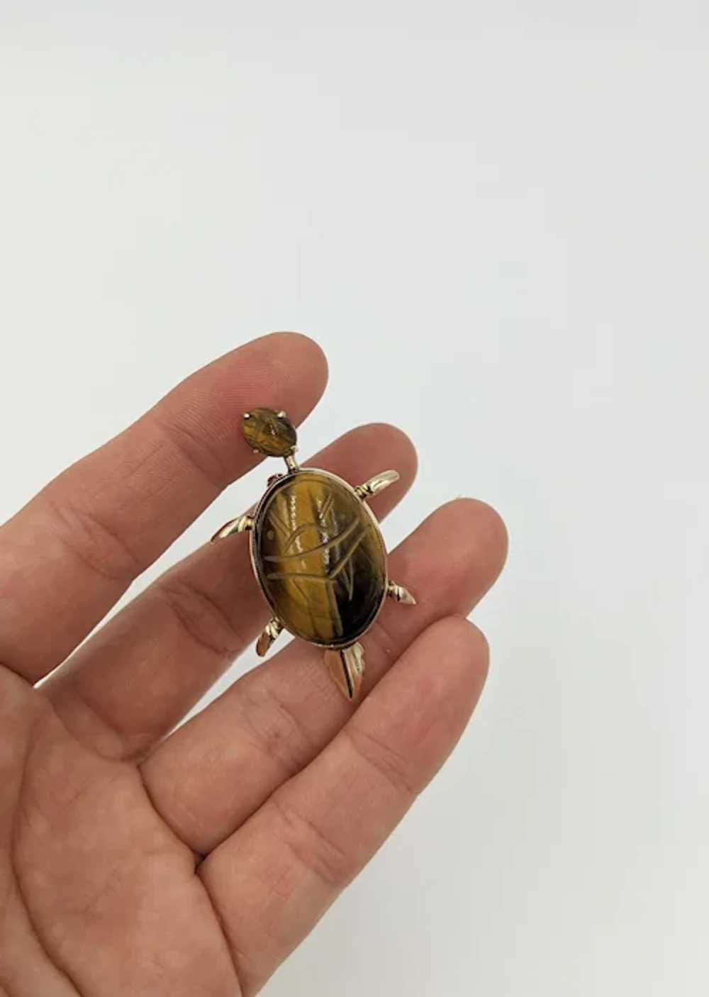 1960's Scarab Turtle Pin Tigers Eye Gemstone Mid … - image 7