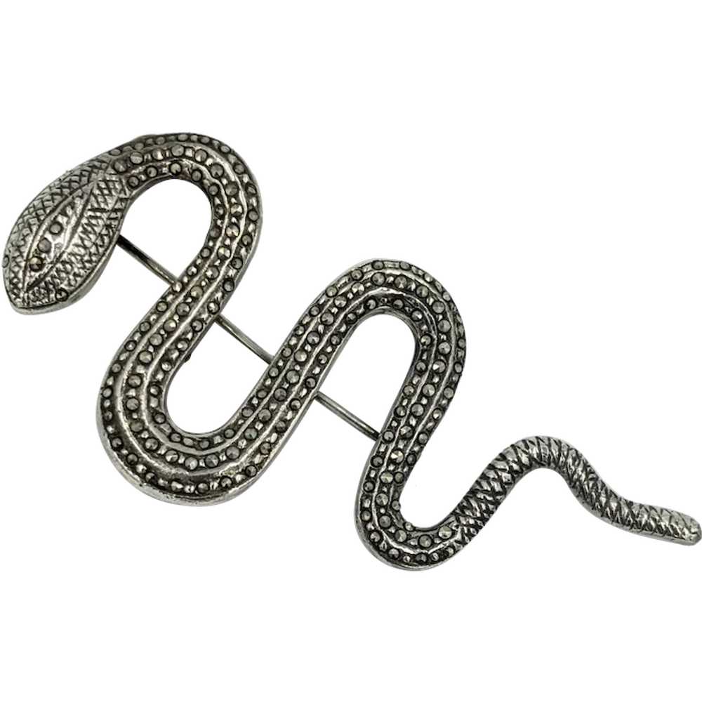 Vintage Marcasite Snake Pin Sterling Silver Serpe… - image 1