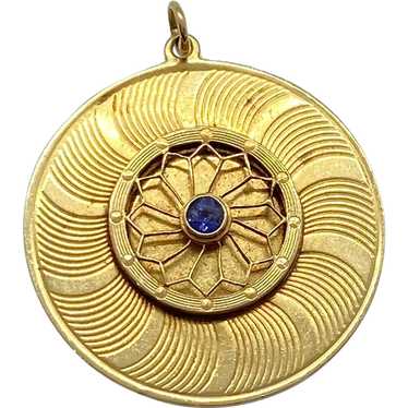 Big Ornate Disk Charm Pendant 14K Gold Sapphire, M