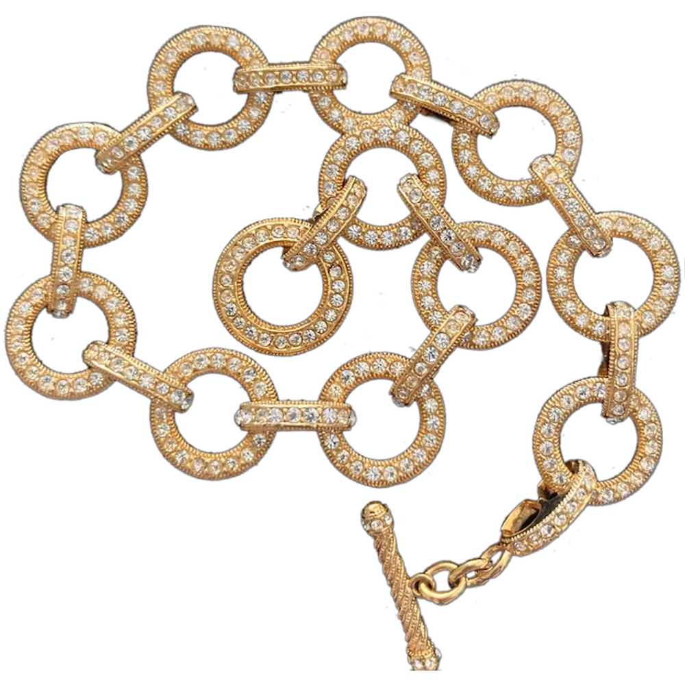 Gold Tone Round Link Bracelet w Rhinestones - image 1