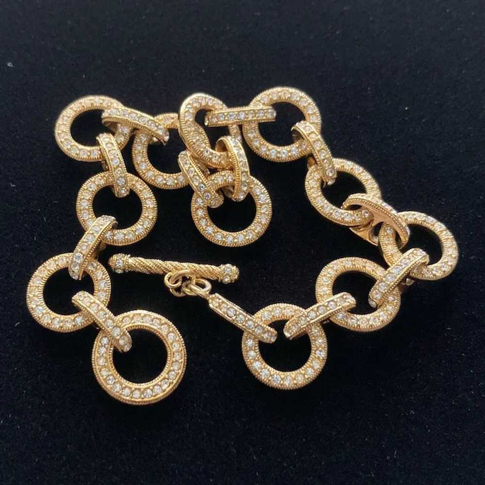 Gold Tone Round Link Bracelet w Rhinestones - image 2