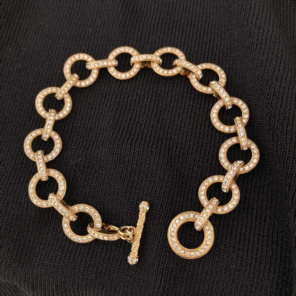 Gold Tone Round Link Bracelet w Rhinestones - image 6