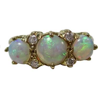 Vintage Estate 3 Stone Opal & Diamond Ring 14K - image 1