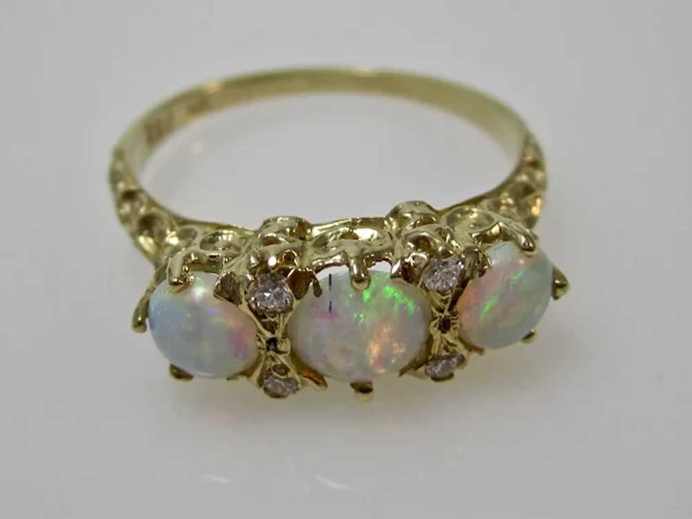 Vintage Estate 3 Stone Opal & Diamond Ring 14K - image 2