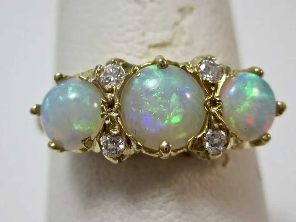 Vintage Estate 3 Stone Opal & Diamond Ring 14K - image 3