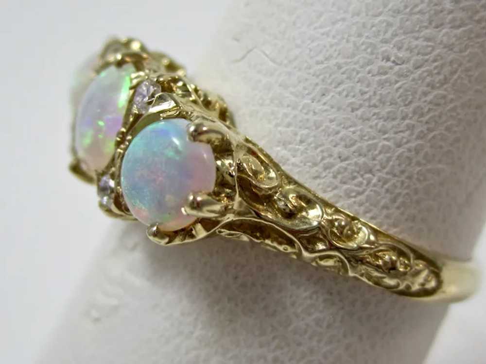 Vintage Estate 3 Stone Opal & Diamond Ring 14K - image 4