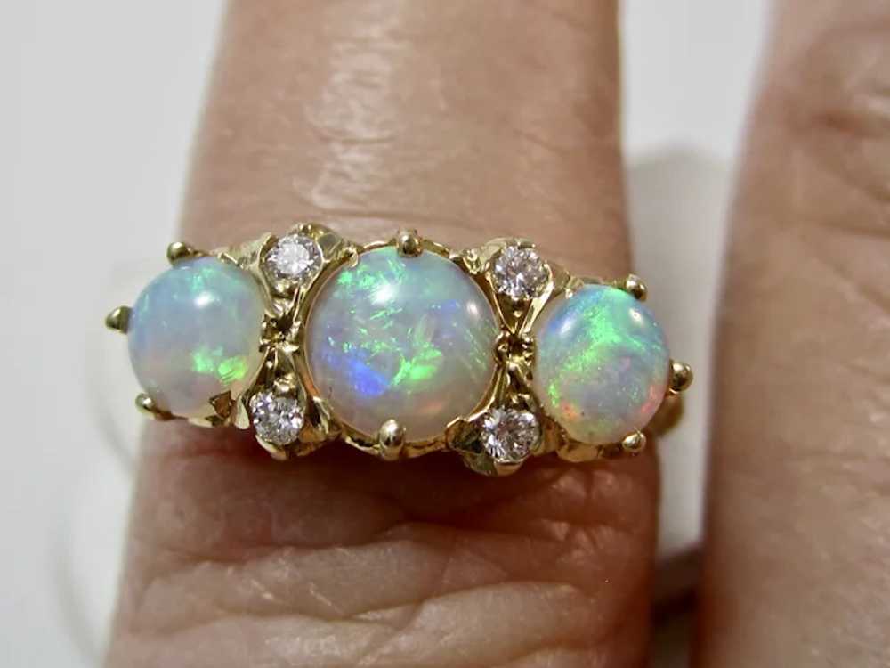 Vintage Estate 3 Stone Opal & Diamond Ring 14K - image 6