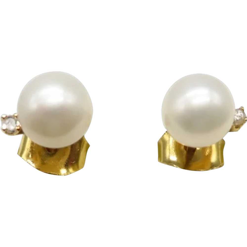 Vintage 10K Gold Pearl and Diamond Pierced Stud E… - image 1