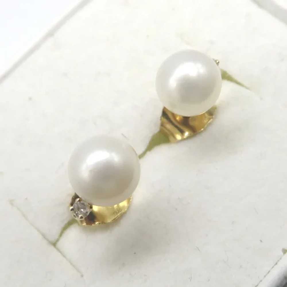 Vintage 10K Gold Pearl and Diamond Pierced Stud E… - image 2