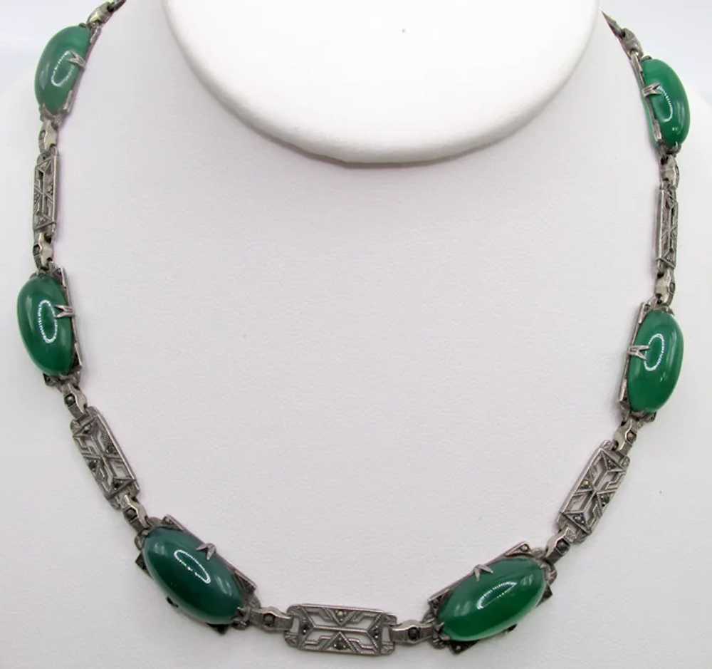 Antique Art Deco Sterling Silver Chrysoprase and … - image 2