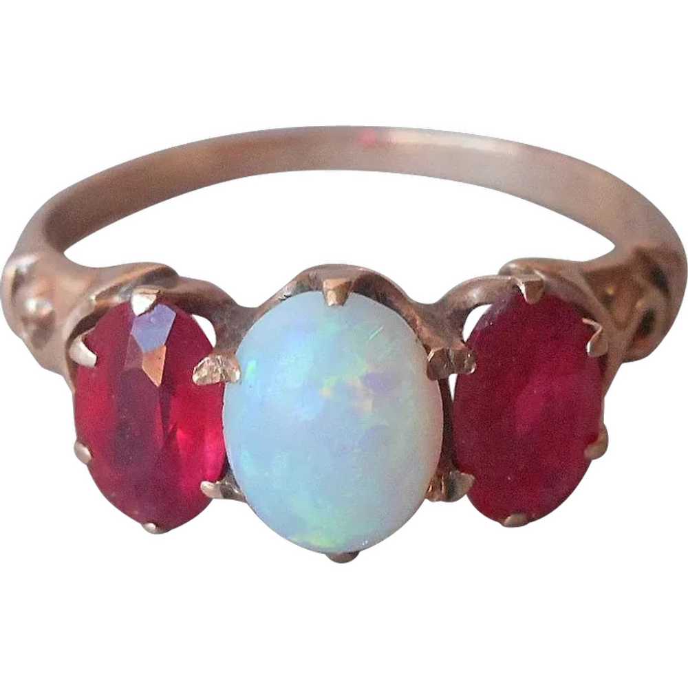 Antique 10K Yellow Gold Opal Synthetic Ruby Ring … - image 1