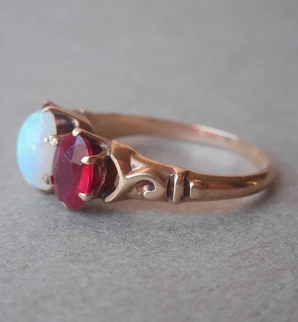 Antique 10K Yellow Gold Opal Synthetic Ruby Ring … - image 2