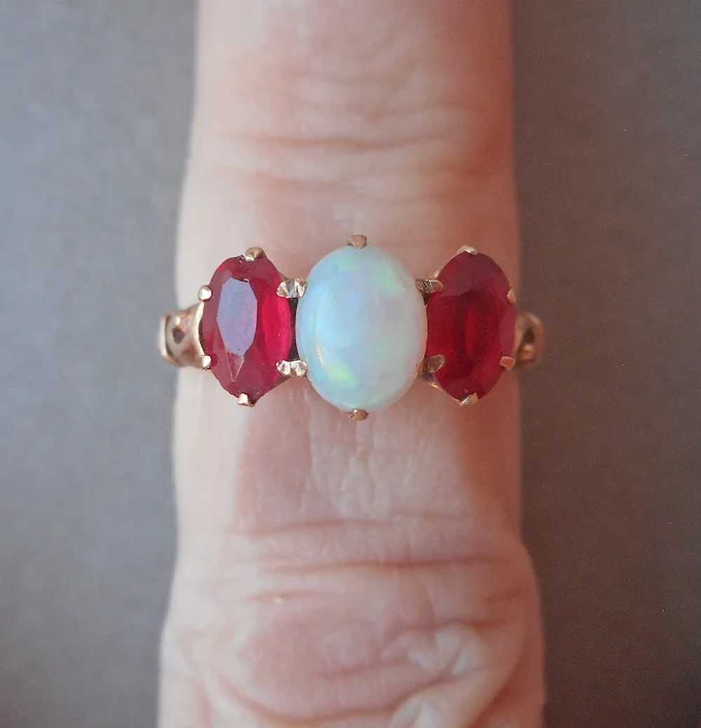 Antique 10K Yellow Gold Opal Synthetic Ruby Ring … - image 7