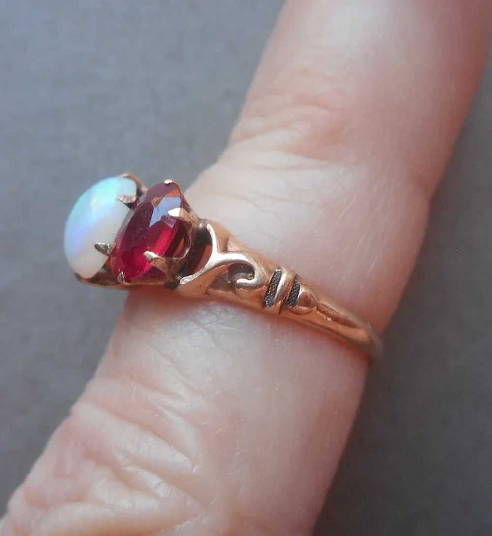 Antique 10K Yellow Gold Opal Synthetic Ruby Ring … - image 8