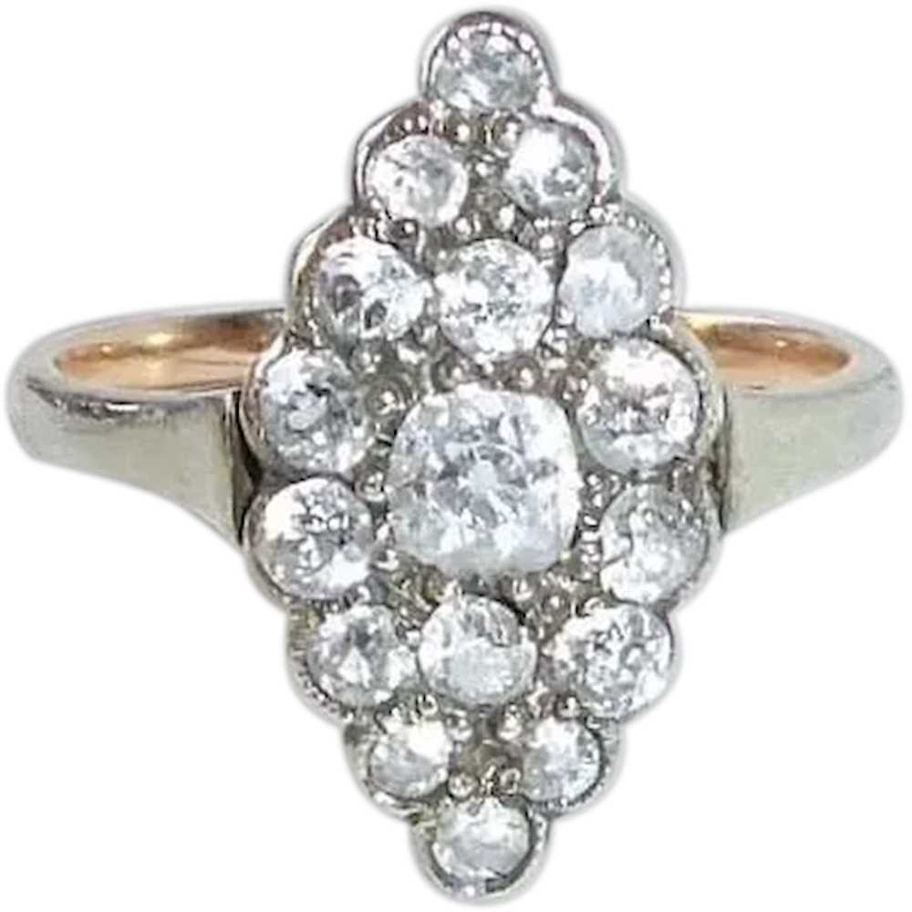 14k Georgian Ring w Mine Cut Diamond Navette Clus… - image 1