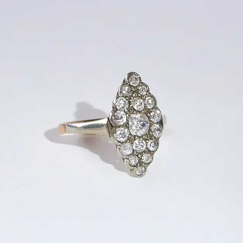 14k Georgian Ring w Mine Cut Diamond Navette Clus… - image 2