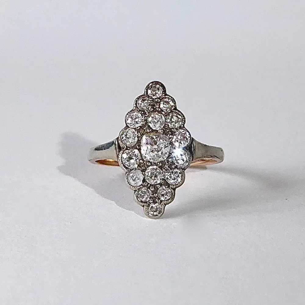 14k Georgian Ring w Mine Cut Diamond Navette Clus… - image 3