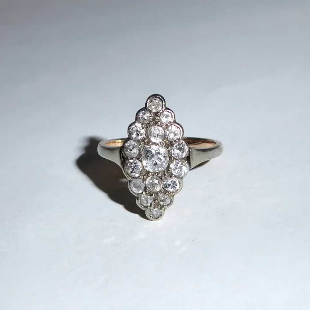 14k Georgian Ring w Mine Cut Diamond Navette Clus… - image 6