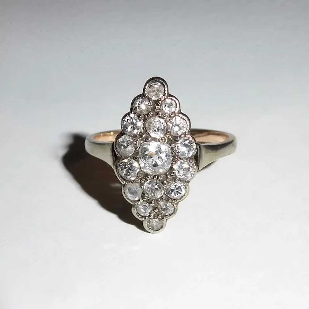 14k Georgian Ring w Mine Cut Diamond Navette Clus… - image 7