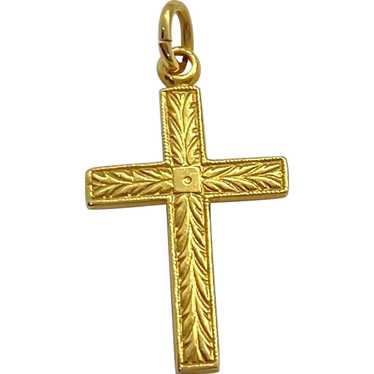 Vintage Cross Pendant 14K Gold, Embossed Decorativ