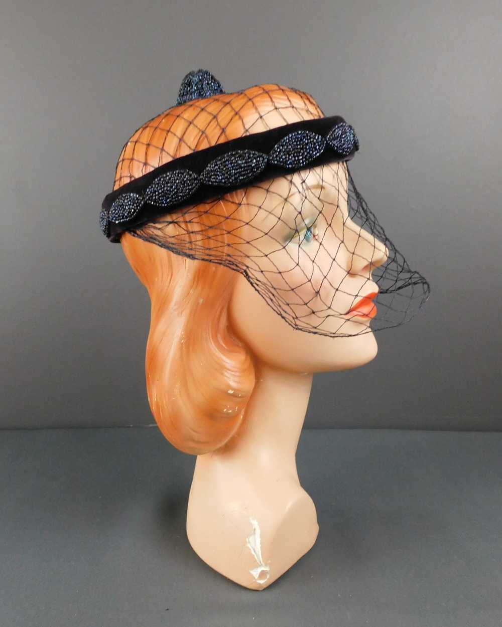 Vintage Blue Velvet Ring Hat with Netting and Bea… - image 2