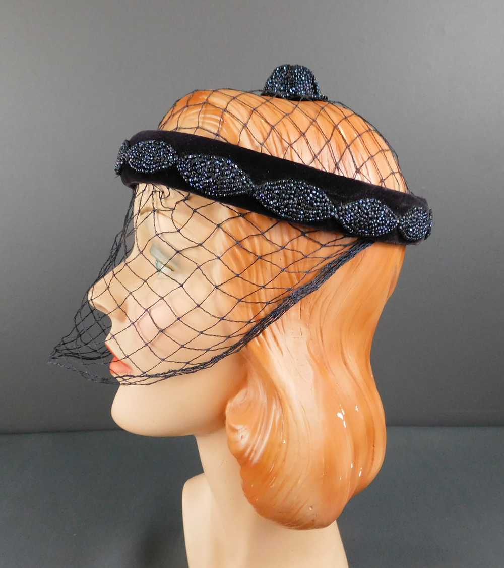Vintage Blue Velvet Ring Hat with Netting and Bea… - image 3