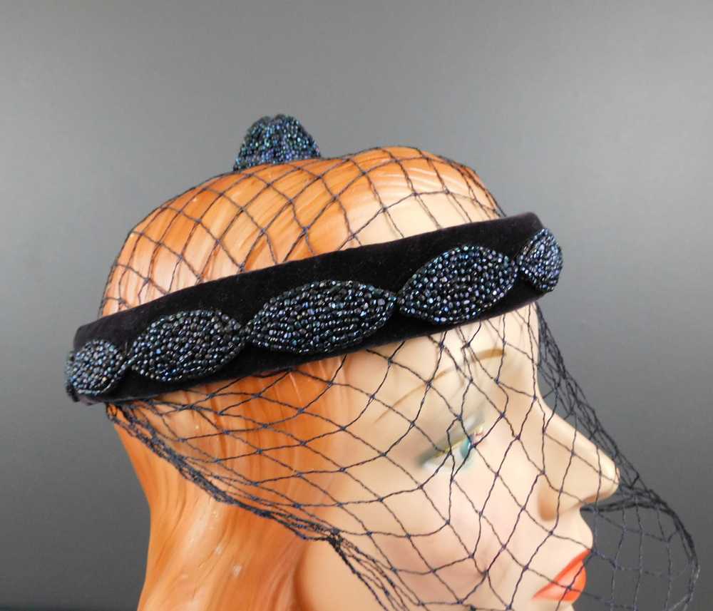Vintage Blue Velvet Ring Hat with Netting and Bea… - image 6