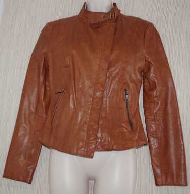 Andrew Marc Brown Leather Moto Asymmetrical Jacket