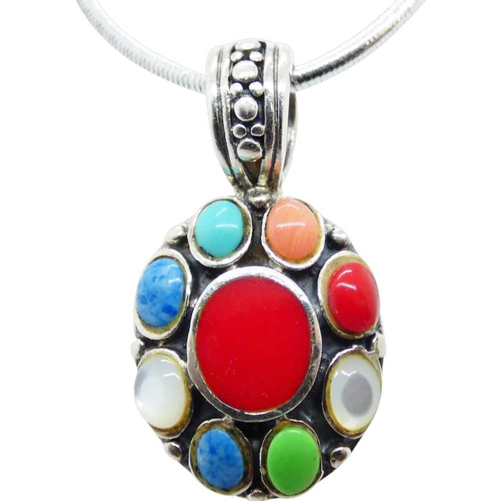 Vintage Sterling Silver Multi-Stone Inlay Pendant - image 1