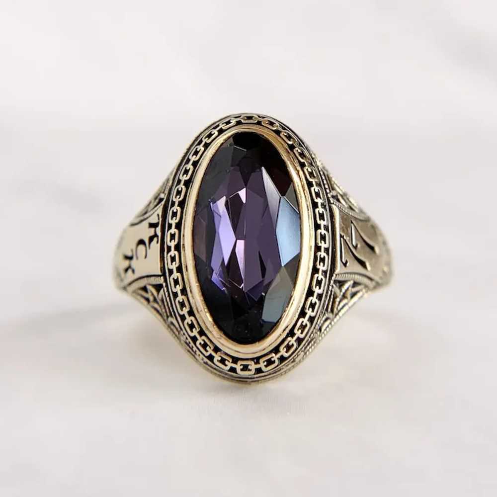 Vintage 10K Yellow Gold 1977 Purple Oval Syntheti… - image 2