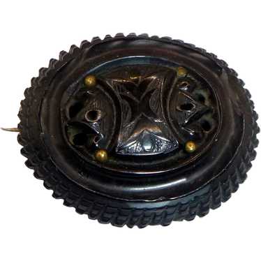 Antique Whitby Jet Mourning Brooch - image 1