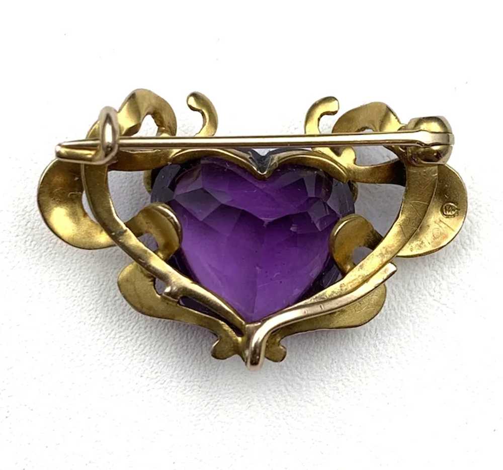 Antique Art Nouveau 14K & Amethyst Heart Brooch - image 2
