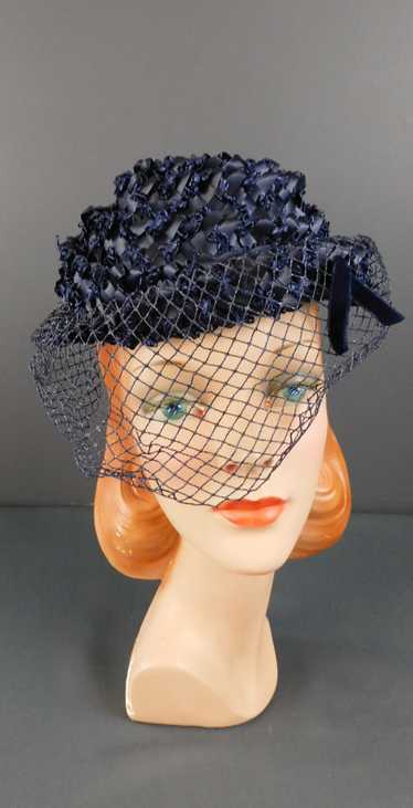 Vintage Navy Straw Spiral Hat with Veil, 1950s Top