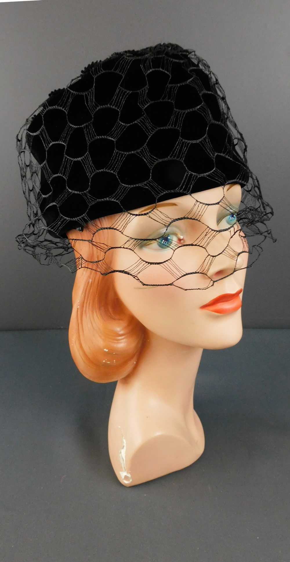 Vintage Black Velvet Toque Hat with Rayon Cord Tr… - image 1