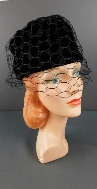 Vintage Black Velvet Toque Hat with Rayon Cord Tr… - image 1