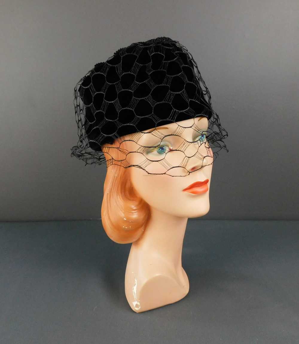 Vintage Black Velvet Toque Hat with Rayon Cord Tr… - image 2