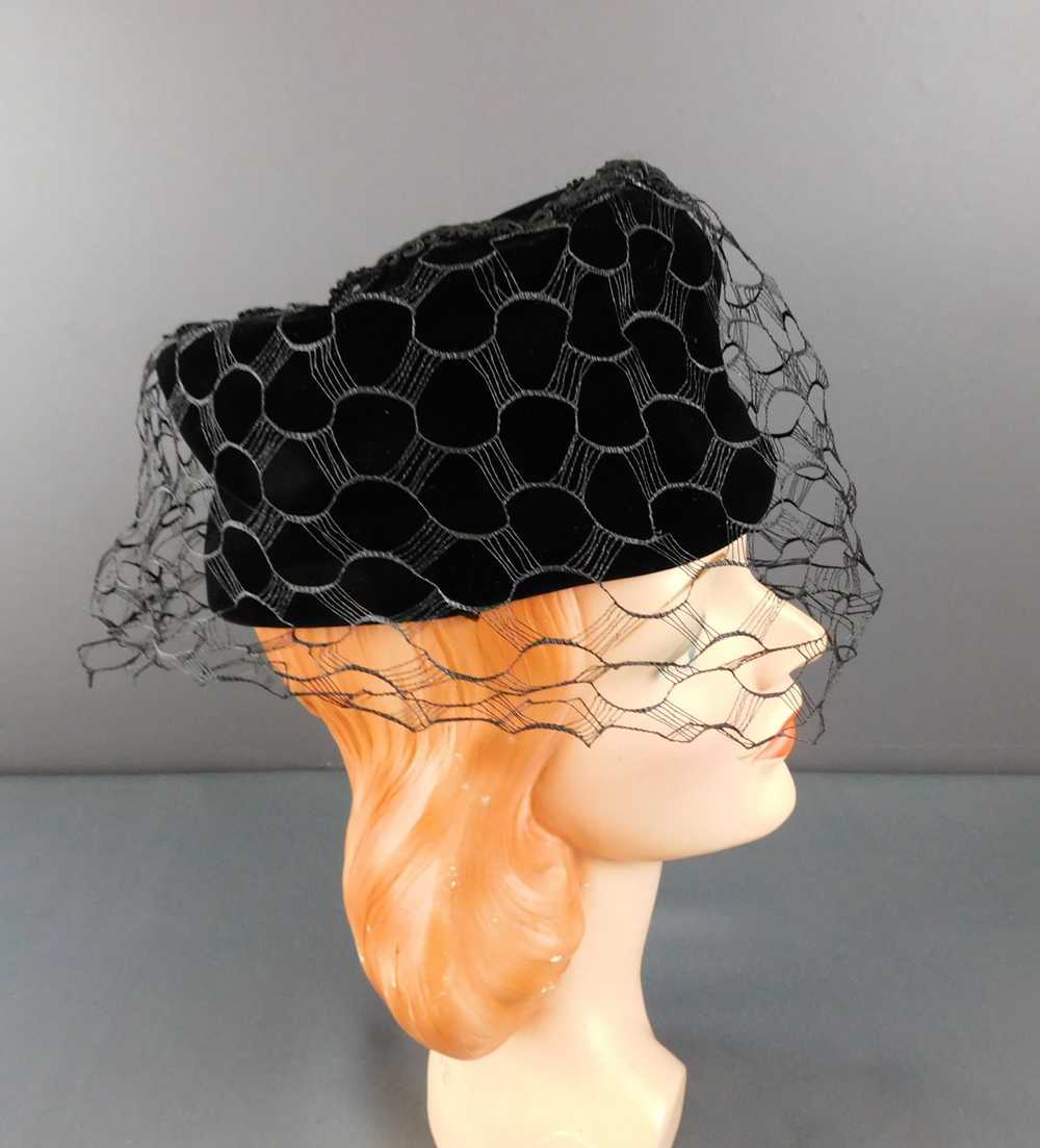 Vintage Black Velvet Toque Hat with Rayon Cord Tr… - image 3