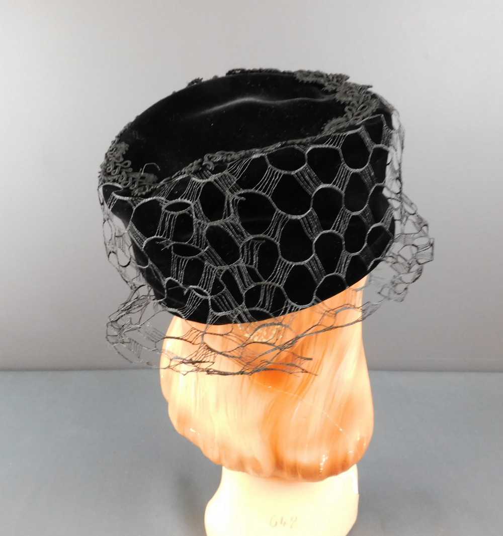 Vintage Black Velvet Toque Hat with Rayon Cord Tr… - image 4