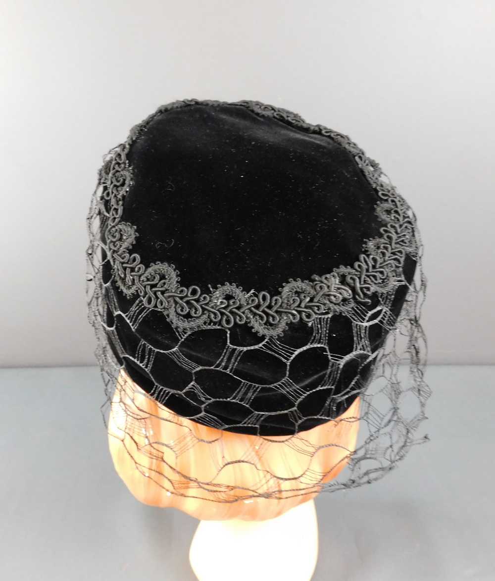 Vintage Black Velvet Toque Hat with Rayon Cord Tr… - image 7