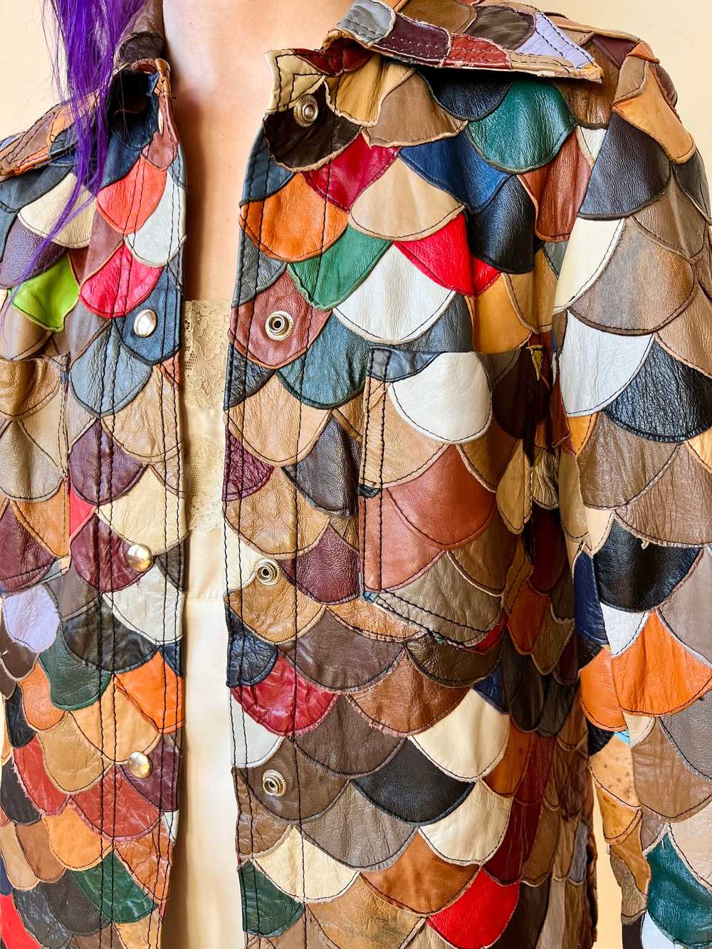 70’s Rainbow Leather Fish Scale Patchwork Hippie … - image 10