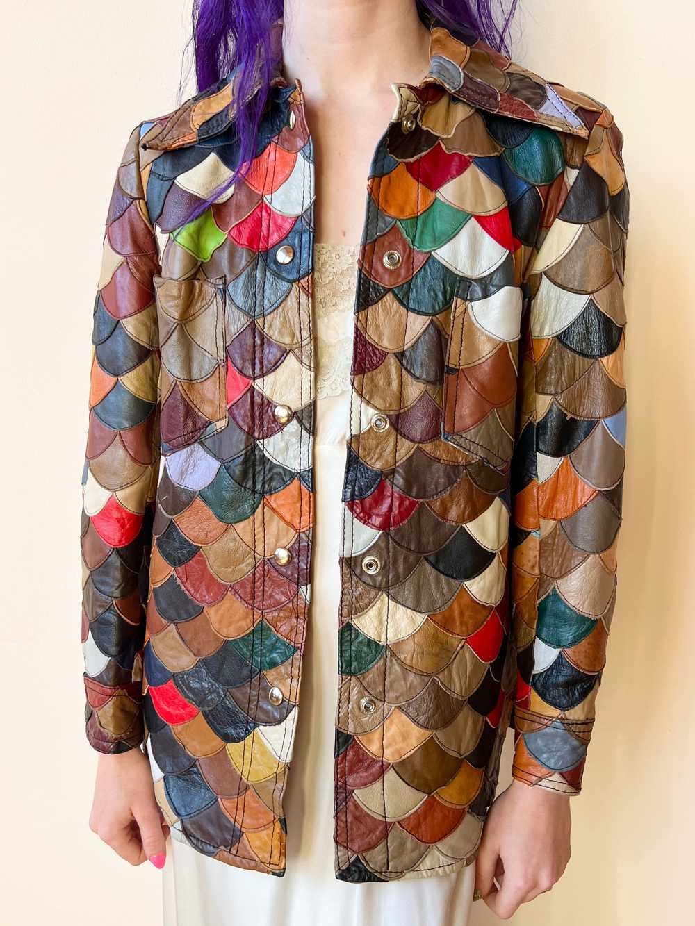 70’s Rainbow Leather Fish Scale Patchwork Hippie … - image 5