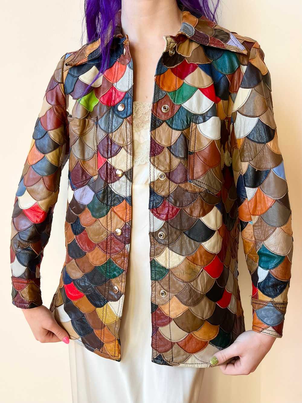 70’s Rainbow Leather Fish Scale Patchwork Hippie … - image 7