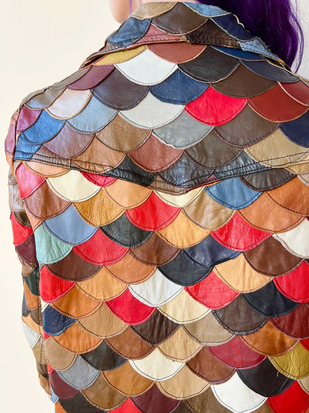 70’s Rainbow Leather Fish Scale Patchwork Hippie … - image 9