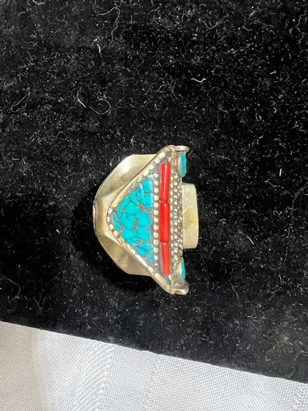 Wonderful Sterling Turquoise Coral HEAVY Ring Gor… - image 2