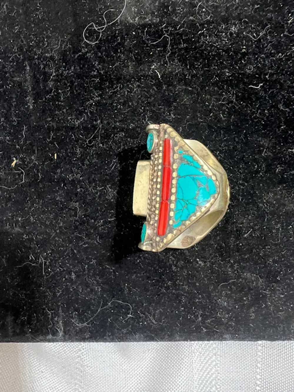 Wonderful Sterling Turquoise Coral HEAVY Ring Gor… - image 3