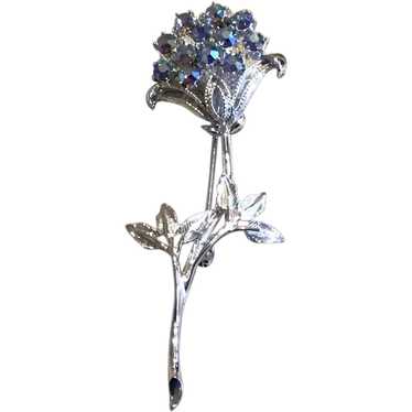 Vintage Brass AB Rhinestone Star Flower Filigree Brooch 